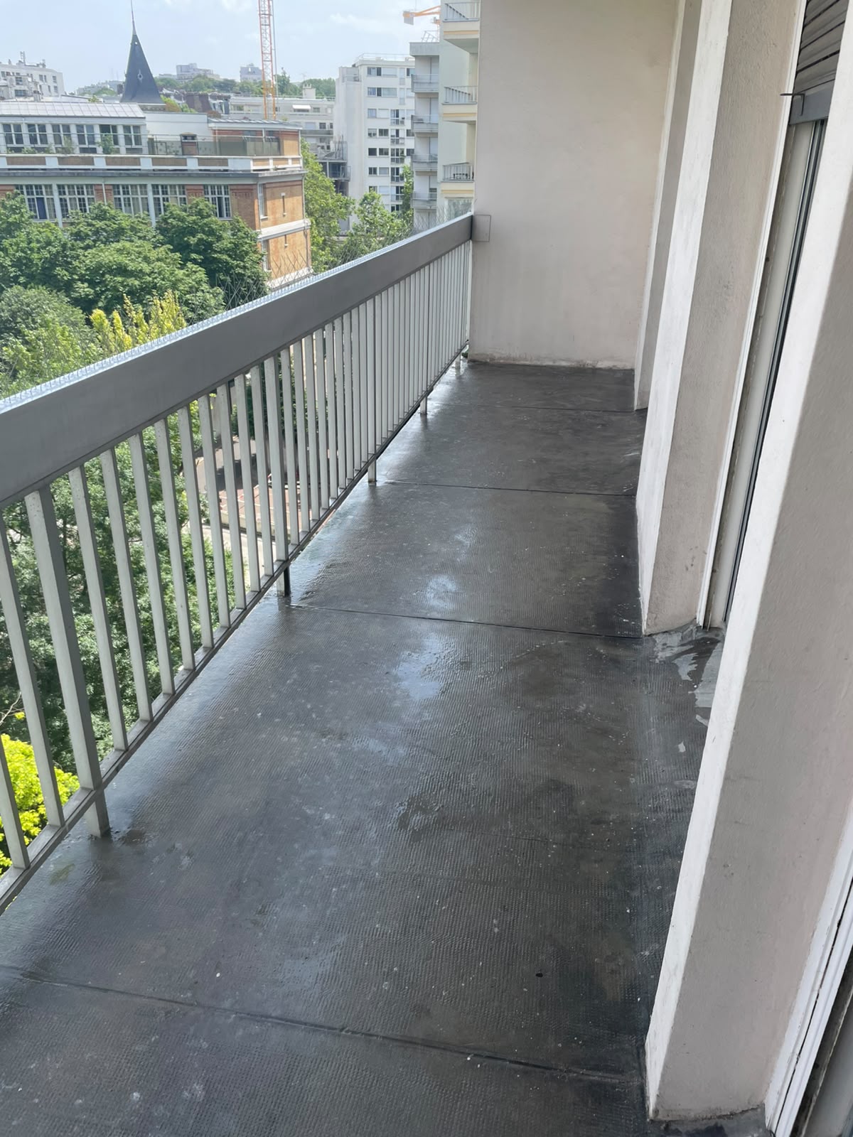 Balcon nettoyé et désinfecté après intervention de dépigeonnage, vue dégagée sur Paris