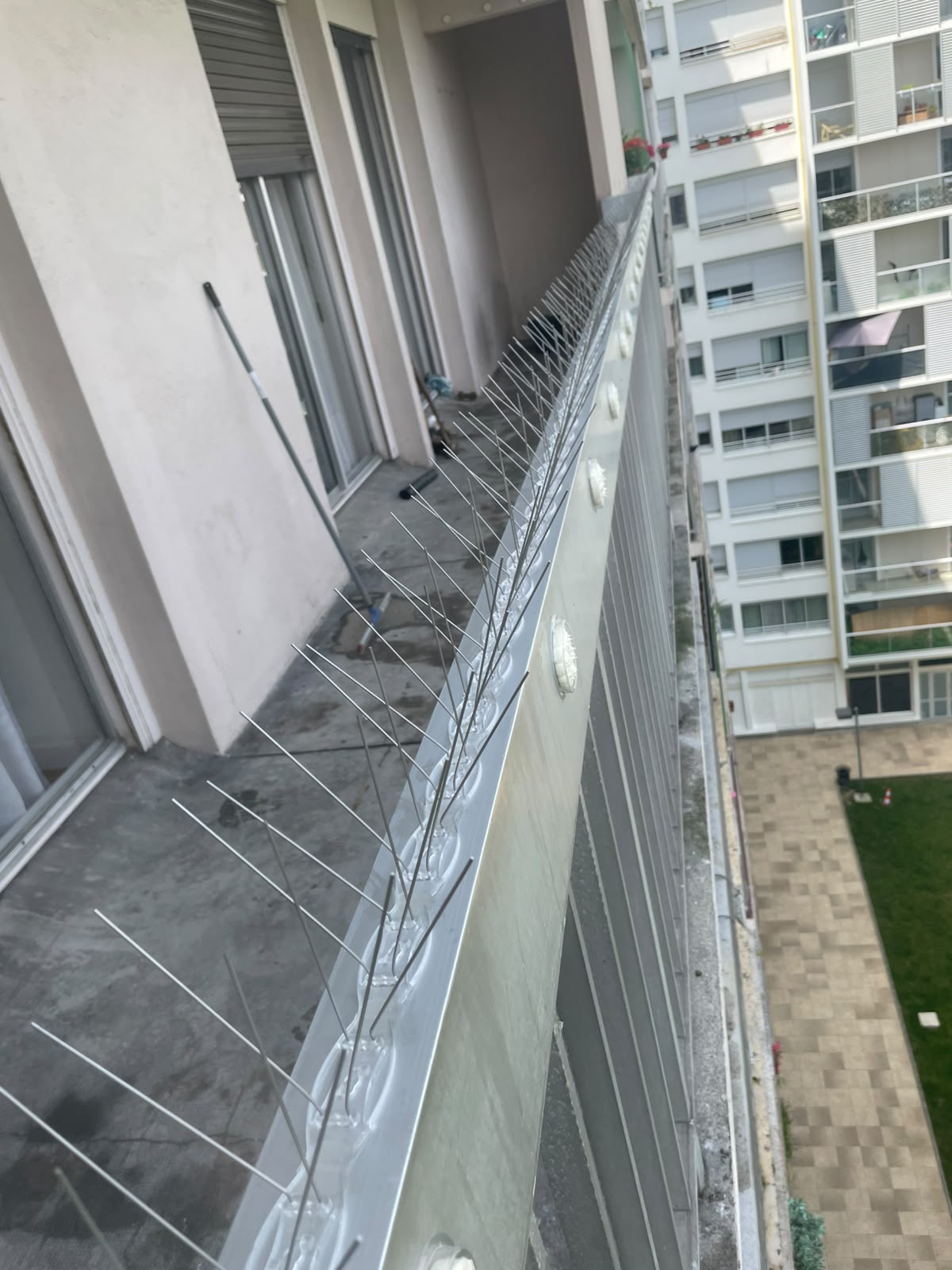 Installation de pics anti-pigeons en acier inoxydable sur garde-corps de balcon à Paris
